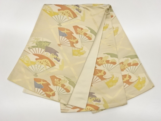  襷に扇・草花・鶴・片輪車模様織出し袋帯